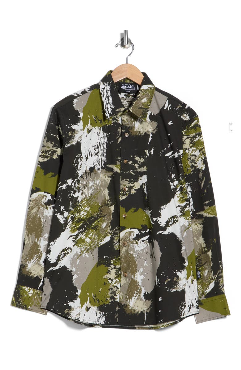 Von Dutch Abstract Print Long Sleeve Button-Up Shirt, Alternate, color, Black Green White