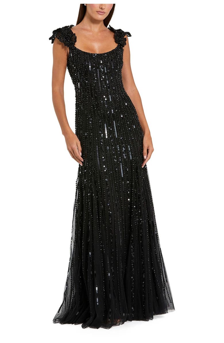 Mac Duggal Sleeveless Mesh Gown With Floral Shoulder Detail, Main, color, Black
