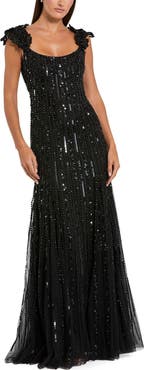 Mac Duggal Sleeveless Mesh Gown With Floral Shoulder Detail