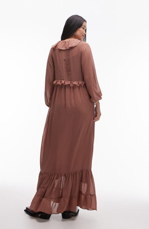Topshop Ruffle Long Sleeve Chiffon Maxi Dress In Brown