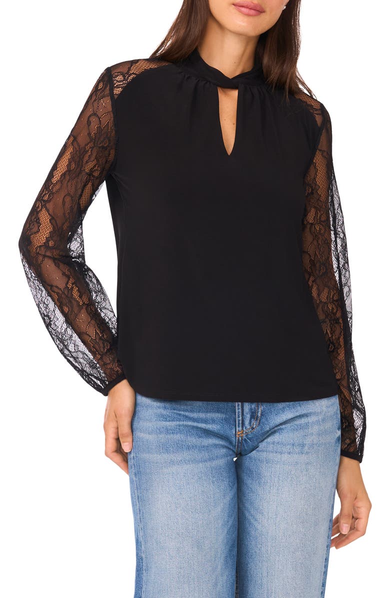Ted Baker Twist Neck Lace Sleeve Top, Main, color, Rich Black