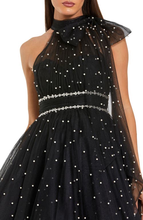 Mac Duggal Pearl Embellished Tulle Tie Neck A Line Mini Dress In Black