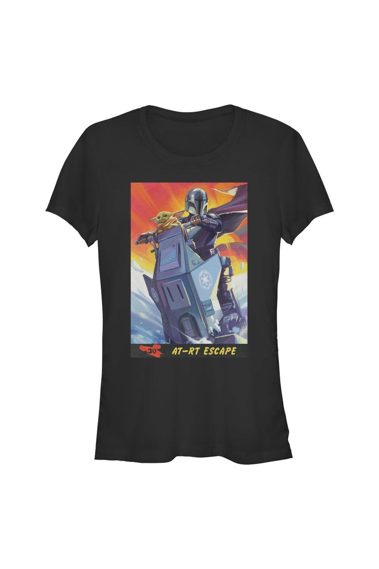 Juniors Star Wars The Mandalorian and Grogu AT RT Escape Comic Art T Shirt, Main, color, Black