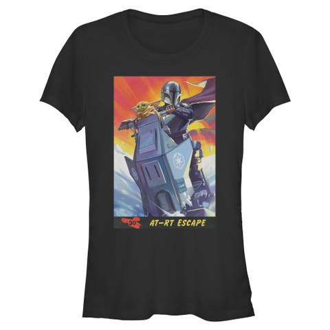 Juniors Star Wars The Mandalorian and Grogu AT RT Escape Comic Art T Shirt