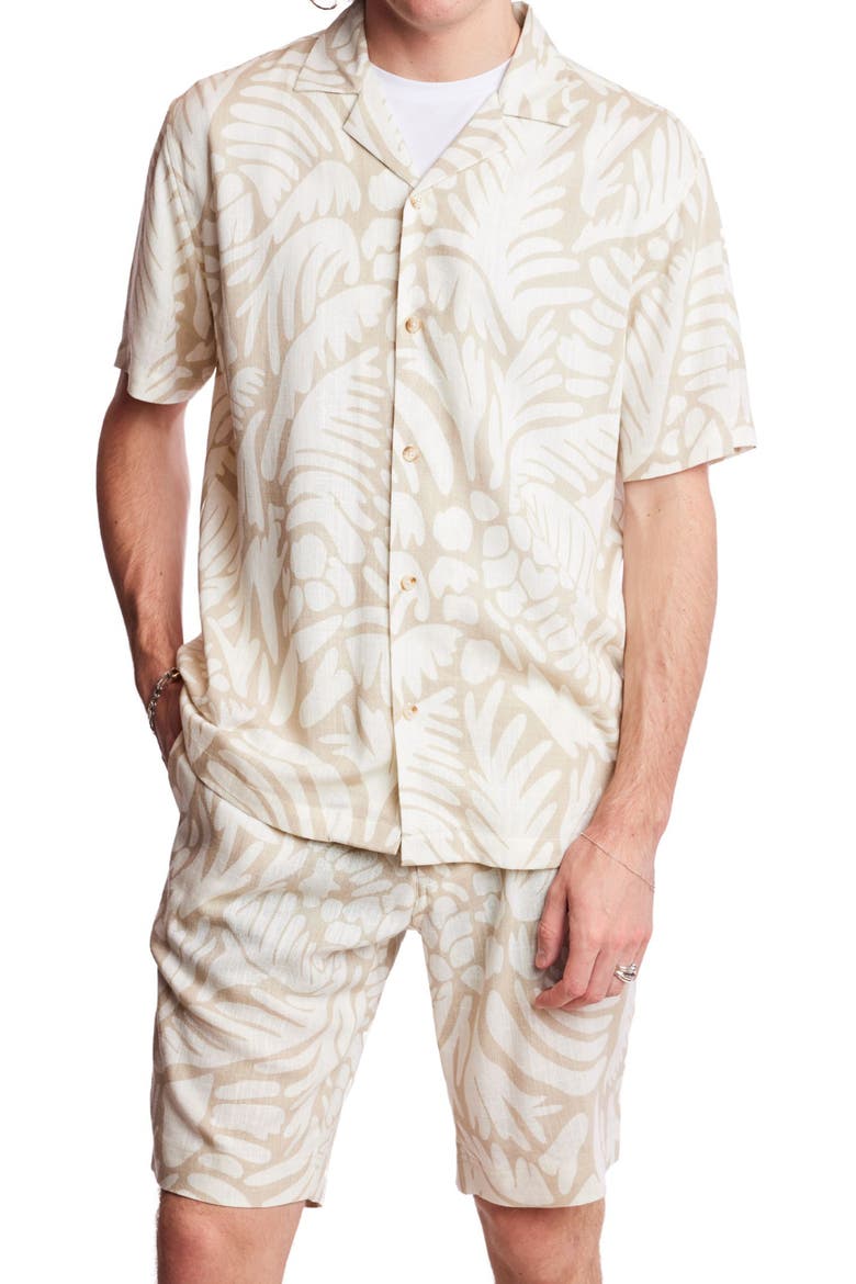 Trim Fit Frond Print Linen Blend Camp Shirt, Main, color, TAN & CREAM