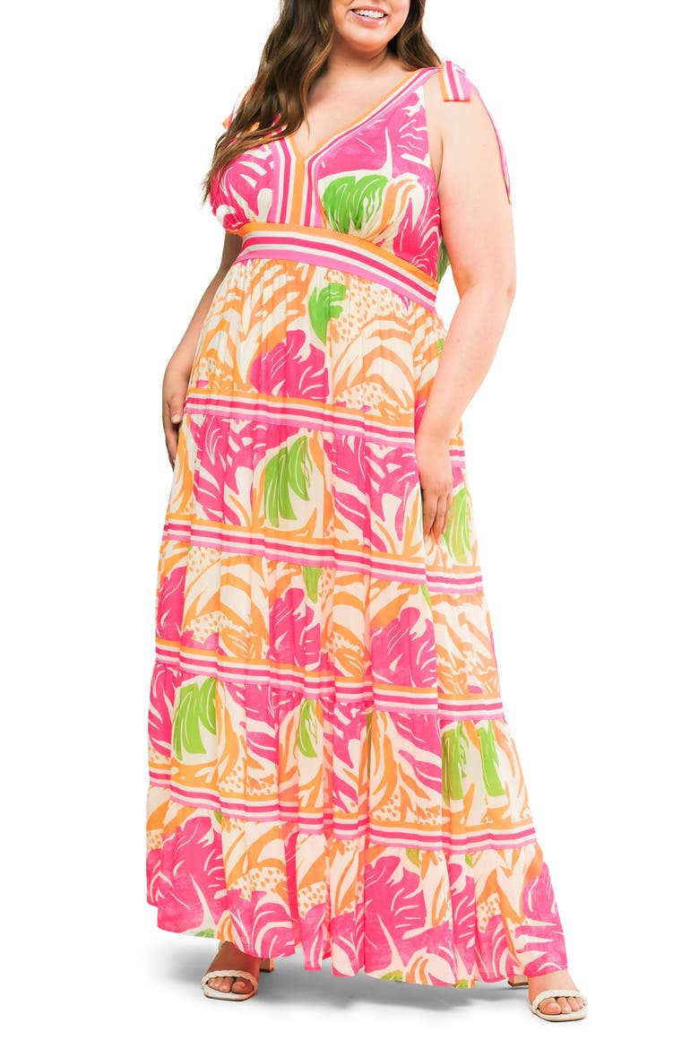 Printed Tie Strap Tiered Maxi Sundress, Main, color, FUCHSIA ORANGE