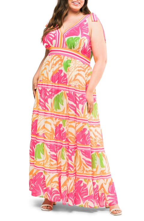 Printed Tie Strap Tiered Maxi Sundress (Plus)