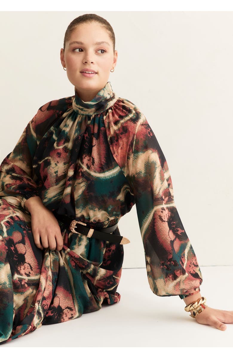 June + Vie Mock-Neck Chiffon Midi Dress, Alternate, color, Painted Marble