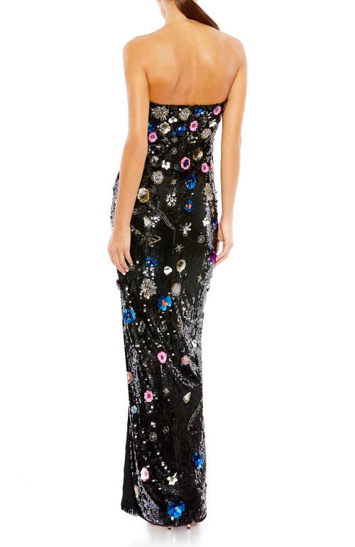 Mac Duggal Floral Sequined Strapless Column Gown In Black Multi