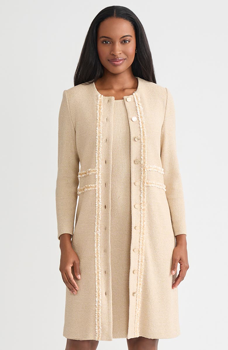 Misook Heritage Lurex Ribbon Chain Trim Knit Jacket, Main, color, Biscotti/Gold