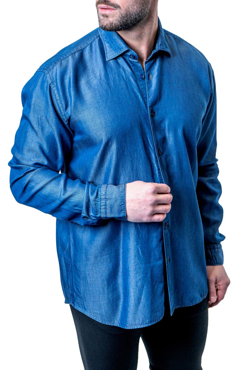 Maceoo Fibonacci Shiny Denim Blue Button-Up Shirt, Alternate, color, Blue