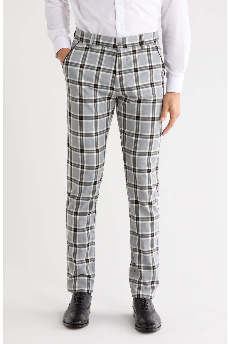 Plaid Straight Leg Trousers, Main, color, GREY