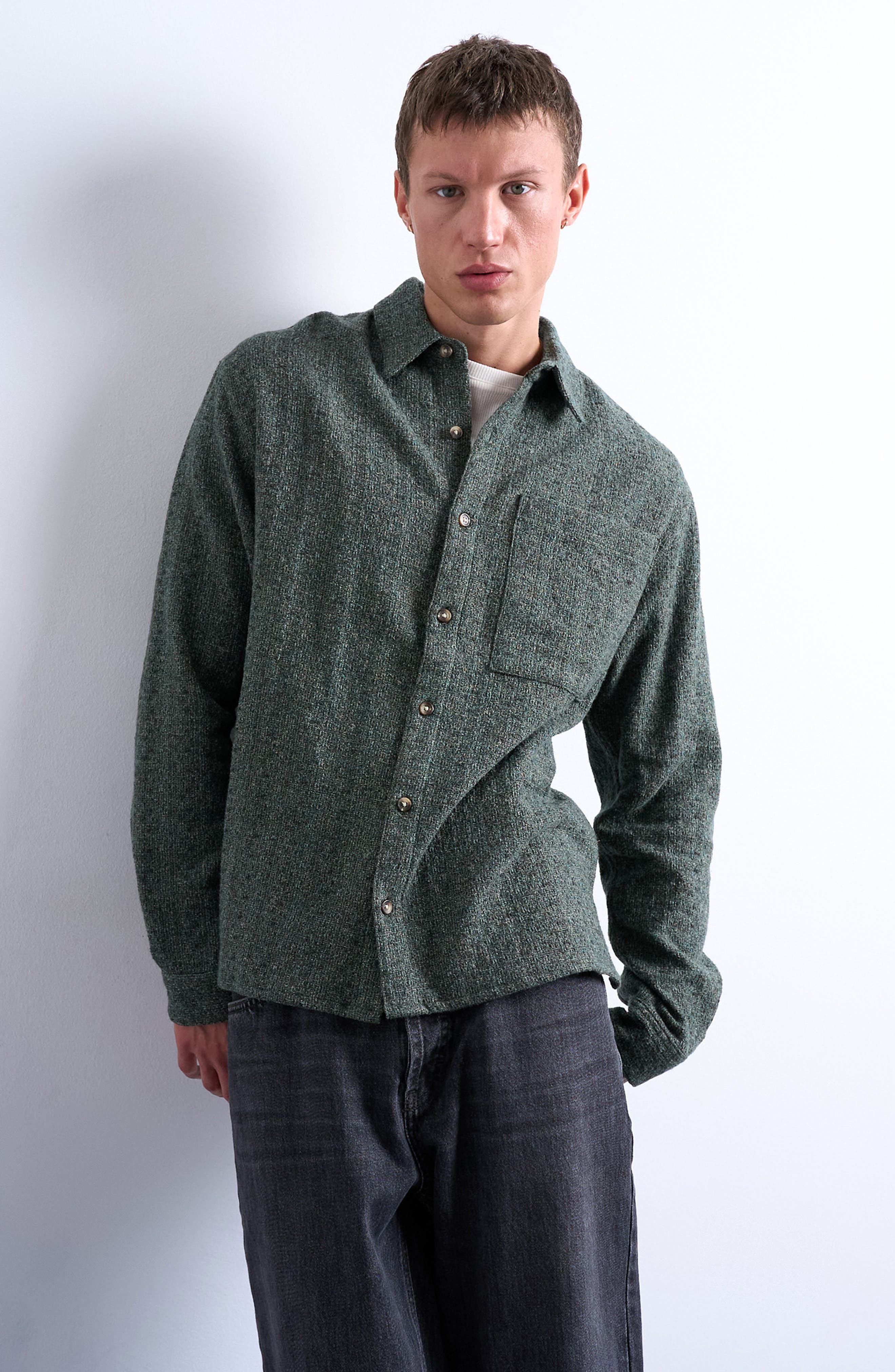 Topman Marl Textured Cotton Button-up Shirt In Green