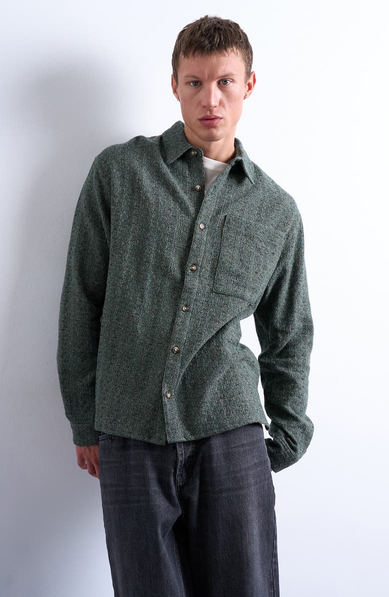 Topman Marl Textured Cotton Button-Up Shirt, Main, color, Green