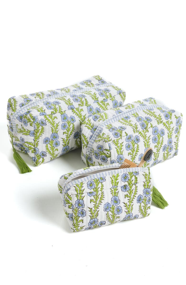 Inner Child Forget-Me-Not Blockprint Makeup Bag - Set of 3, Main, color, Blue