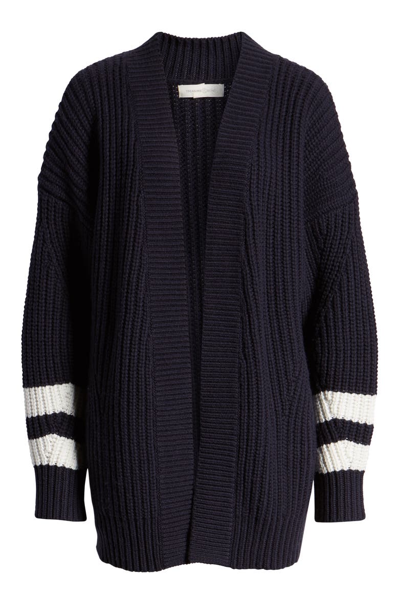 Stripe Detail Open Front Cotton & Wool Blend Cardigan, Alternate, color, NAVY- IVORY COMBO