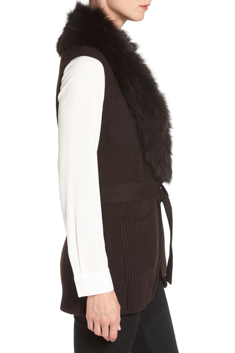 'Kyla' Belted Merino Wool Sweater Vest with Genuine Fox Fur Collar, Alternate, color, CHOCOLATE