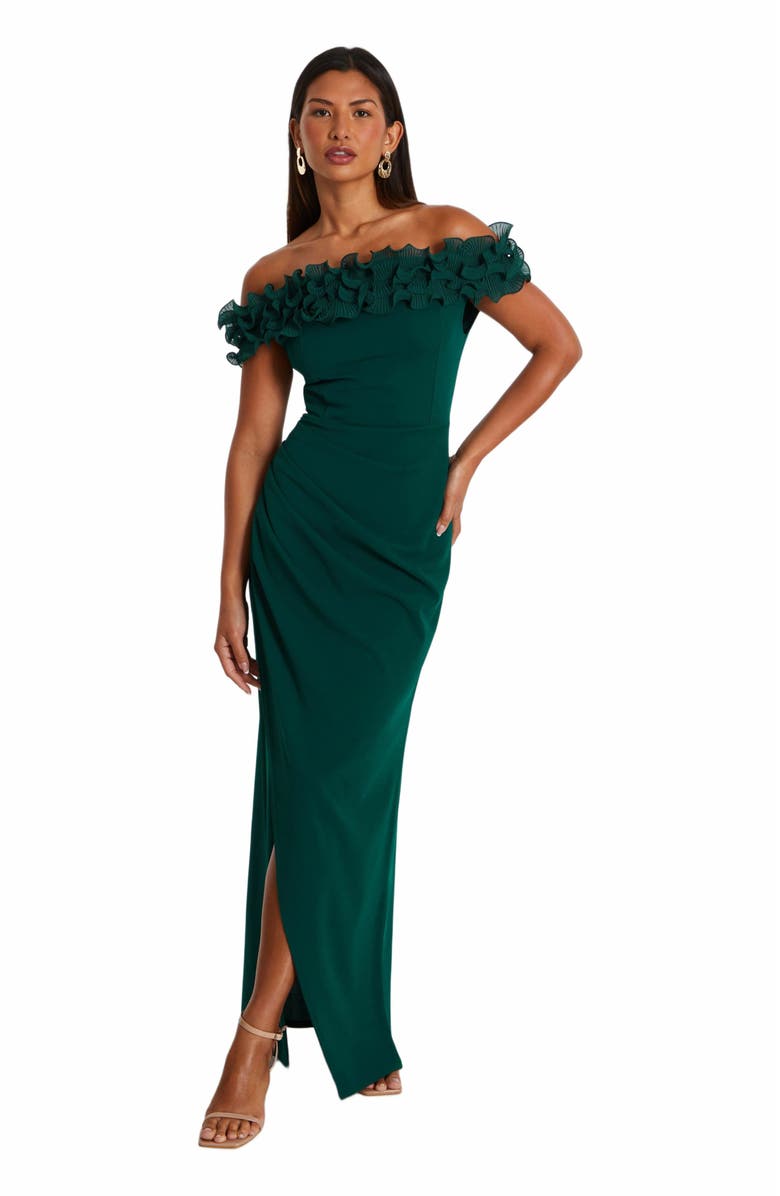 QUIZ Scuba Crepe Ruffle Bardot Ruched Maxi Dress, Main, color, 