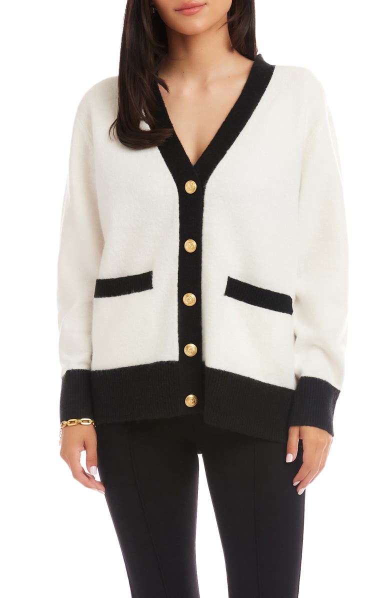 Karen Kane Colorblock Trim Cardigan, Main, color, Ivory/ Black
