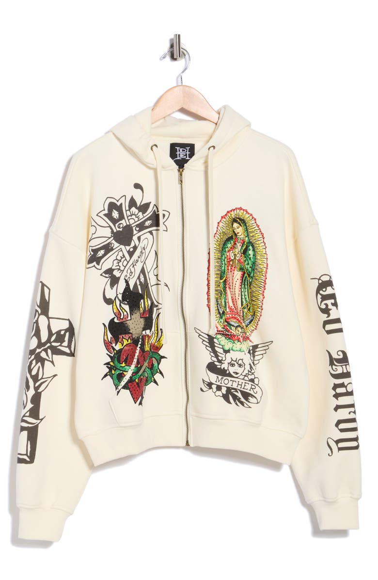 Ed Hardy Virgin Mary Boxy Zip-Up Hoodie, Alternate, color, Ivory