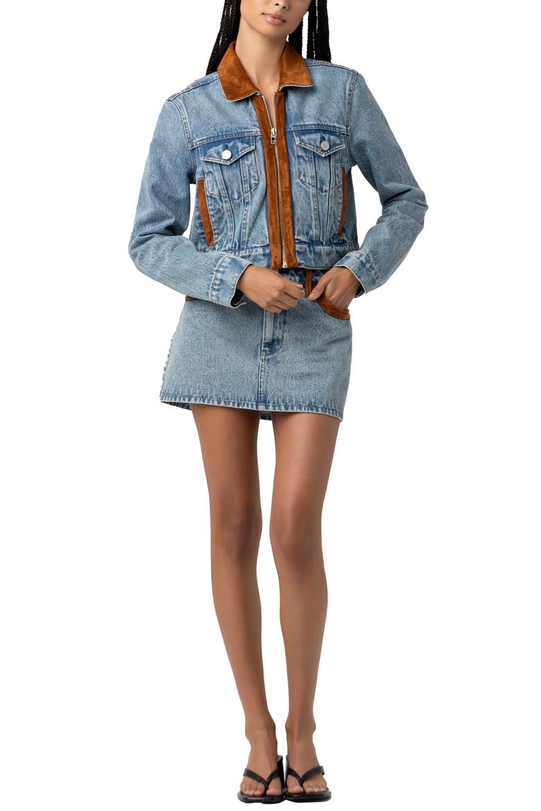 Faux Suede Trim Denim Trucker Jacket, Alternate, color, RODEO DRIVE