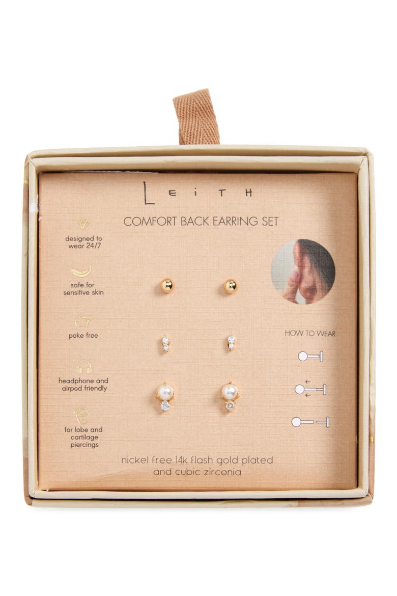Set of 3 Cubic Zirconia & Faux Pearl Stud Earrings, Main, color, CLEAR- WHITE- GOLD