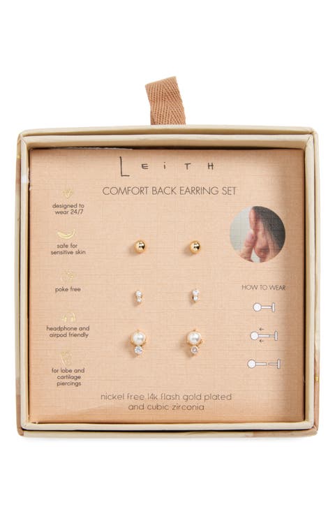 Set of 3 Cubic Zirconia & Faux Pearl Stud Earrings