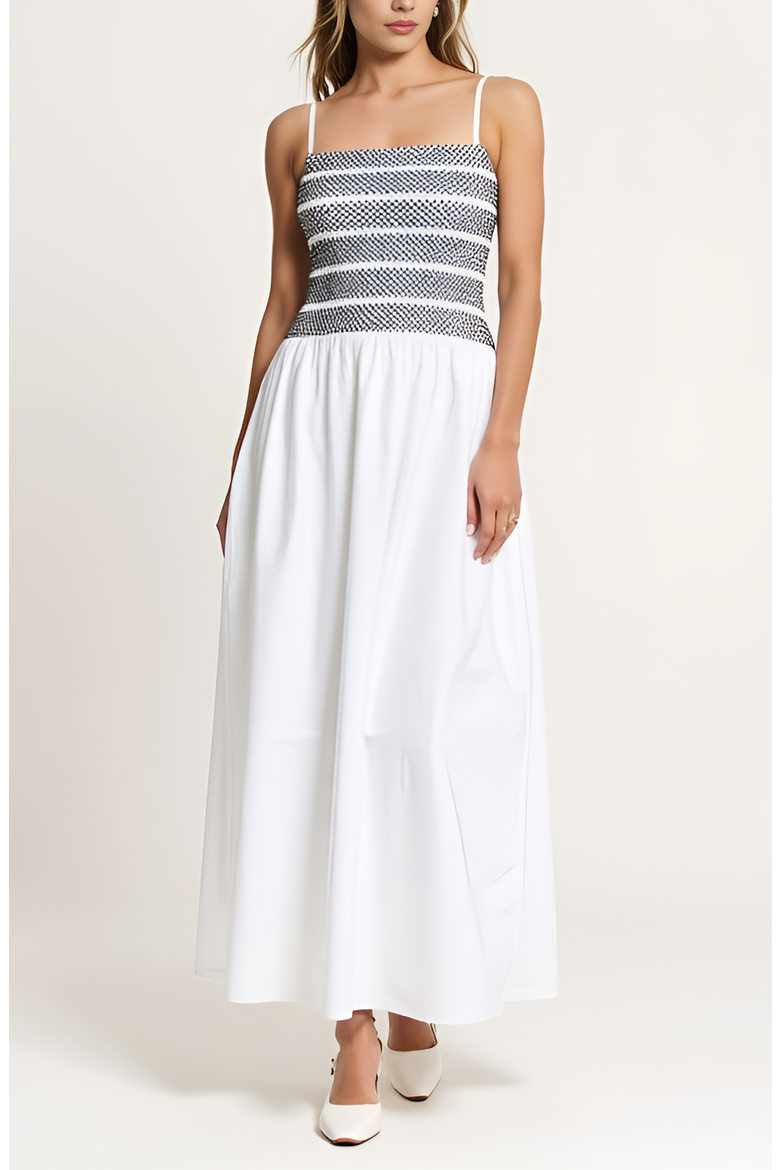 Smocked Bodice A-Line Maxi Dress with Gathered Skirt, Main, color, White / Black Striped