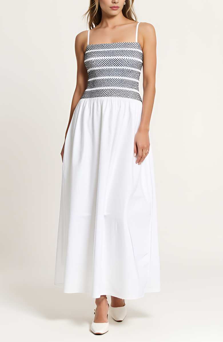 Modenaire Smocked Bodice A-Line Maxi Dress with Gathered Skirt, Main, color, White / Black Striped