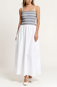 Modenaire Smocked Bodice A-Line Maxi Dress with Gathered Skirt