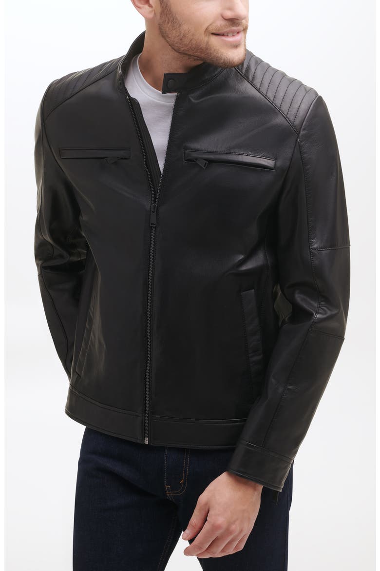 Leather Racer Jacket, Main, color, BLACK