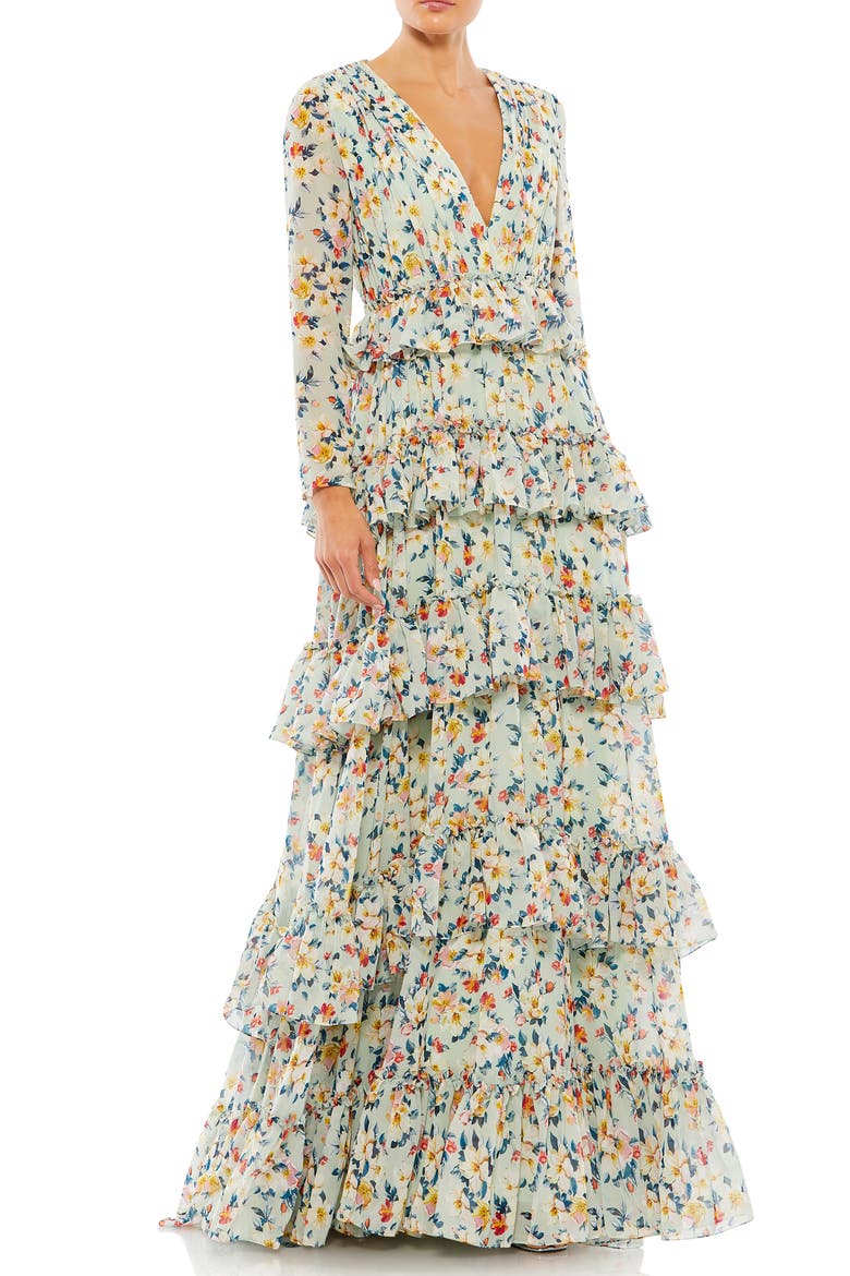 Floral Printed Tiered Ruffle Long Sleeve Gown, Main, color, MULTI