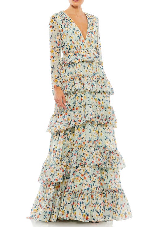 Floral Printed Tiered Ruffle Long Sleeve Gown