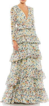 Ieena for Mac Duggal Floral Printed Tiered Ruffle Long Sleeve Gown