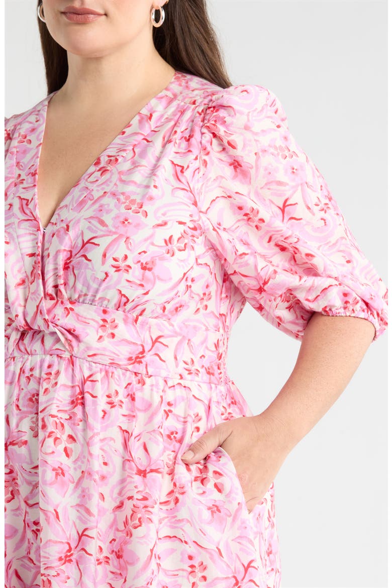 Floral Twist Front Midi Dress, Alternate, color, IVORY- PINK DAISY GARDEN