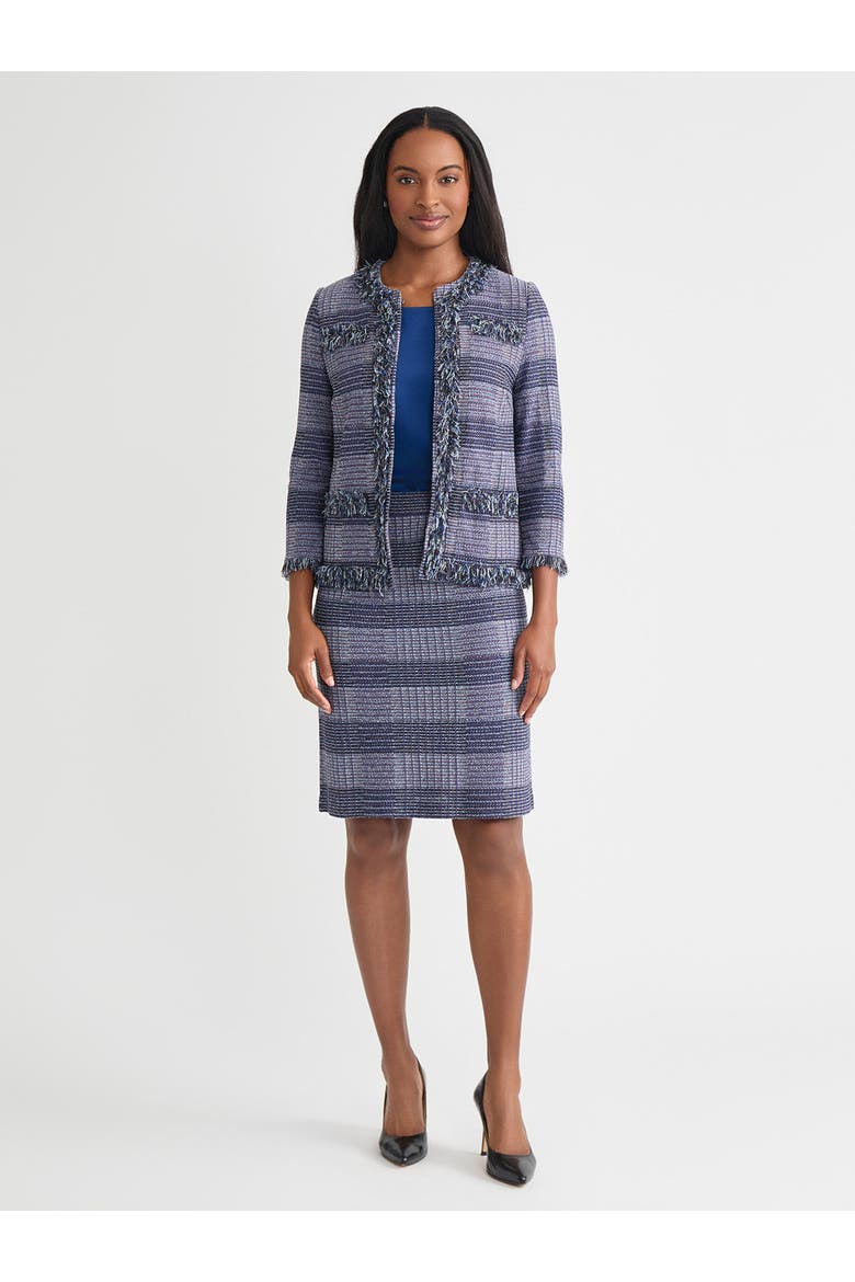 Heritage Plaid Fringe Trim Knit Jacket, Alternate, color, Blue/Sangria/Black