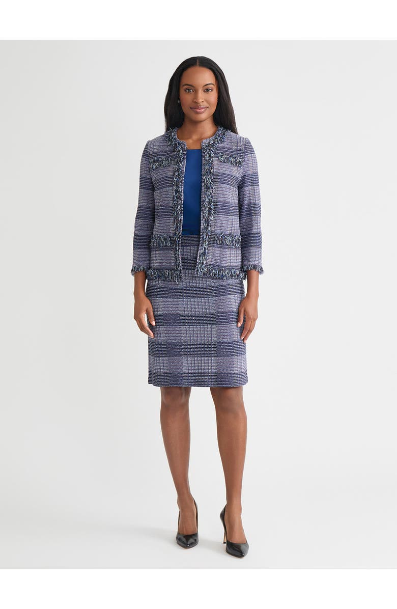 Misook Heritage Plaid Fringe Trim Knit Jacket, Alternate, color, Blue/Sangria/Black