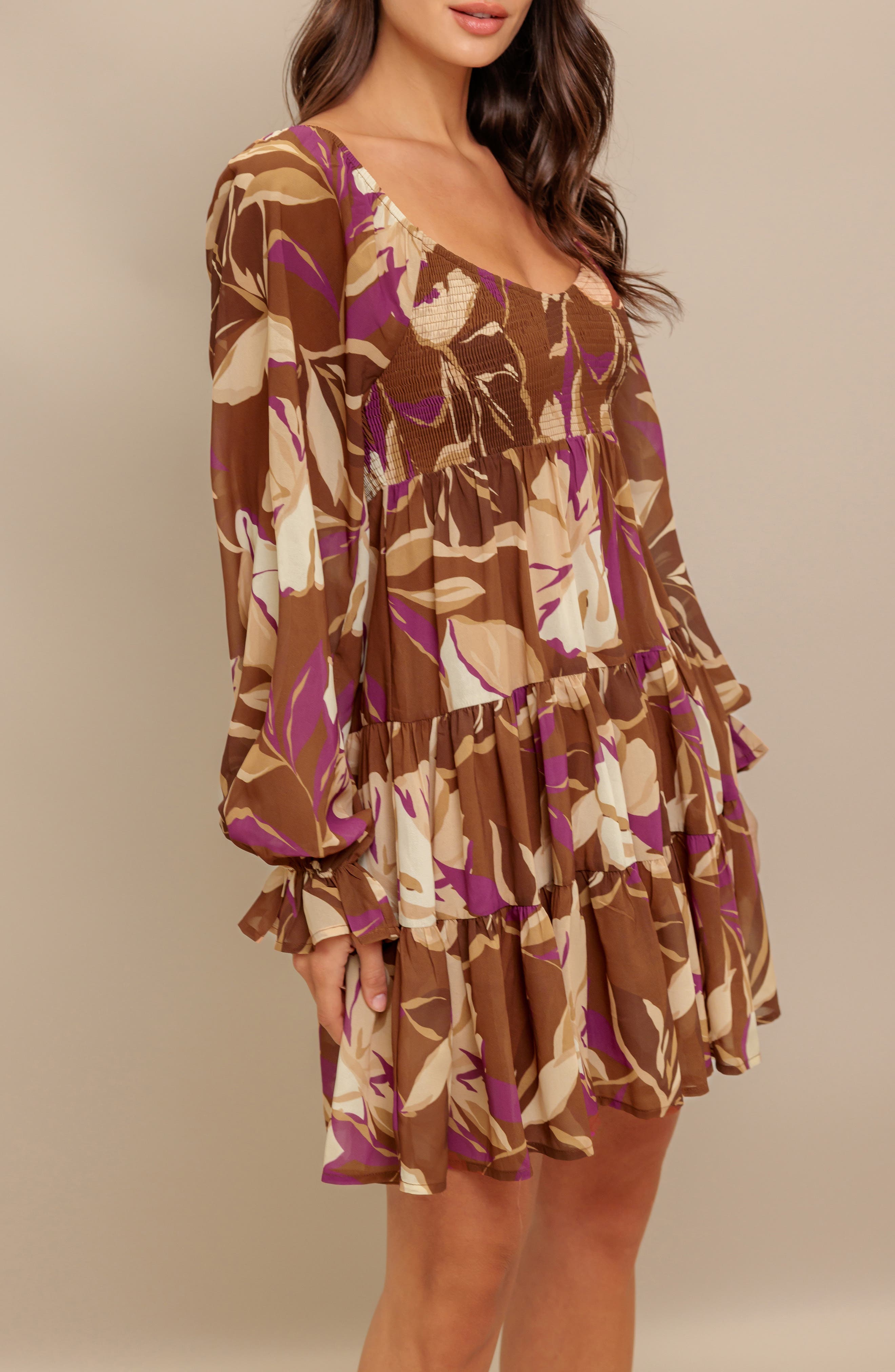 Floral Long Sleeve Tiered Babydoll Dress