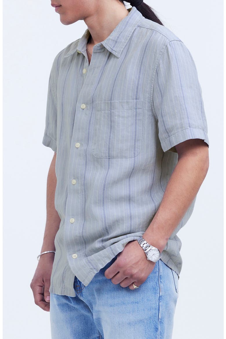 Easy Stripe Short Sleeve Linen Button-Up Shirt, Alternate, color, DUSTY POOL