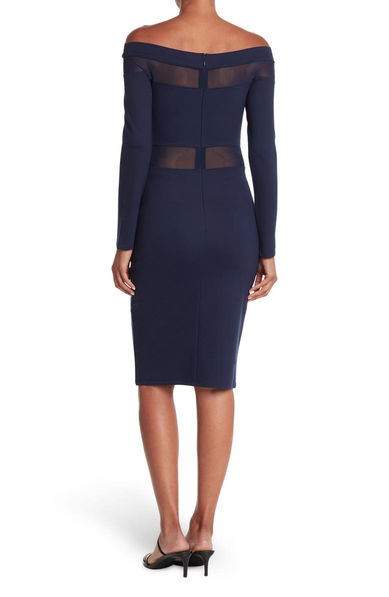 Love By Design Off-the-Shoulder Mesh Panel Bodycon Dress, Alternate, color, Navy Blazer