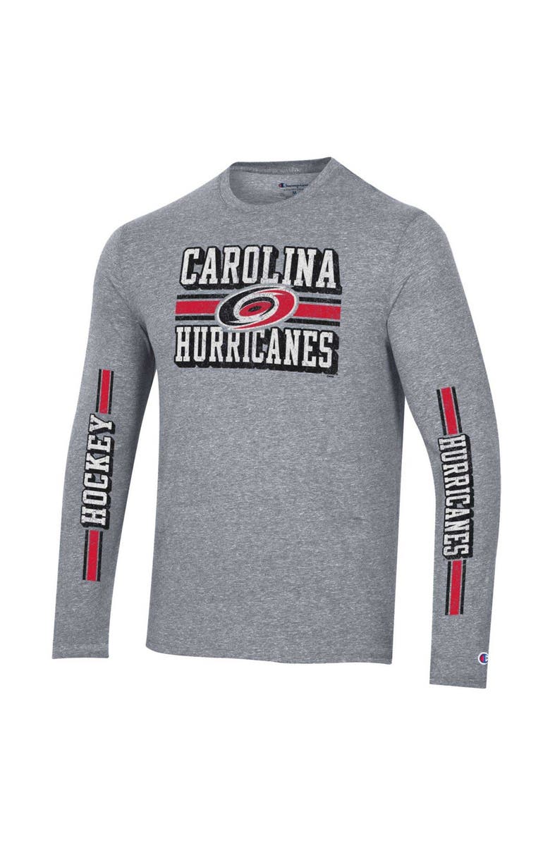 Champion Men's Champion Heather Gray Carolina Hurricanes Tri-Blend Dual-Stripe Long Sleeve T-Shirt, Alternate, color, 