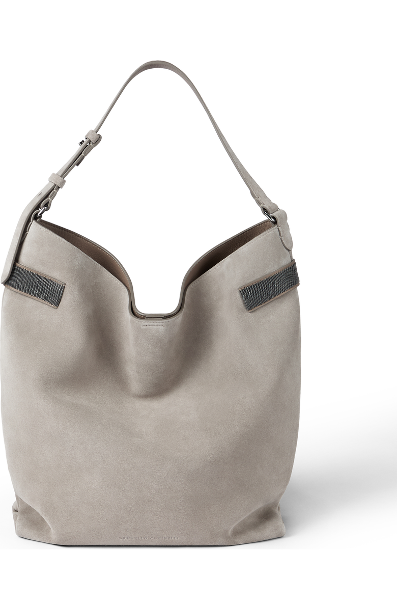 Brunello Cucinelli Suede essence hobo bag, Main, color, Light Grey