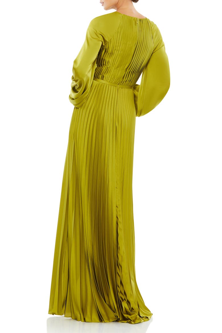 Pleated High Neck Raglan Long Sleeve Side Slit Gown, Alternate, color, APPLE GREEN