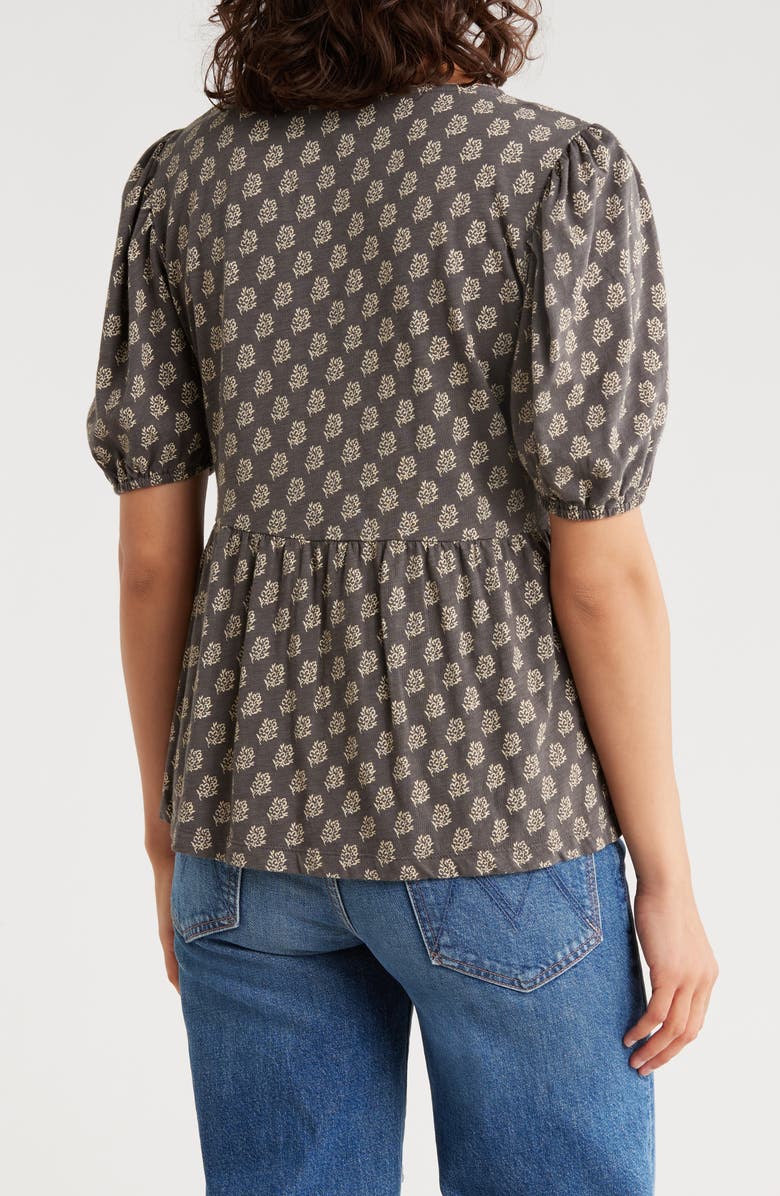 Lucky Brand Mixed Print Puff Sleeve Cotton Babydoll Top, Alternate, color, Black Floral