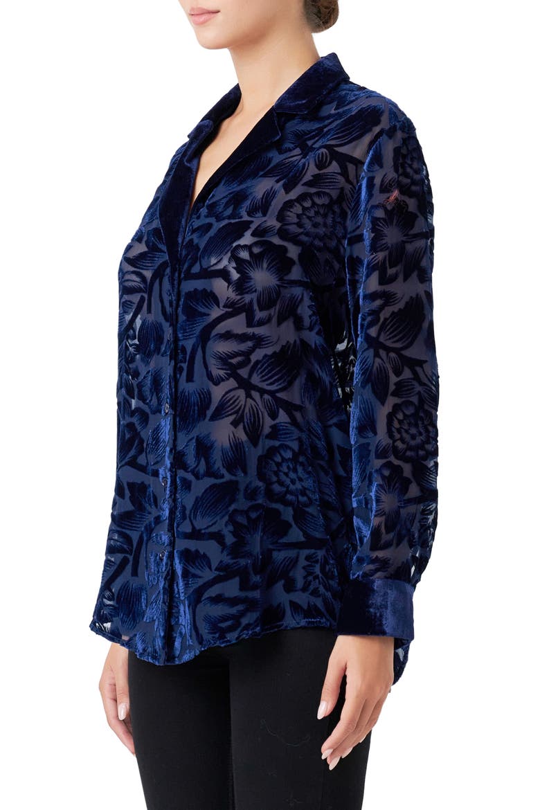 Floral Semisheer Velvet Burnout Long Sleeve Button-Up Shirt, Alternate, color, NAVY