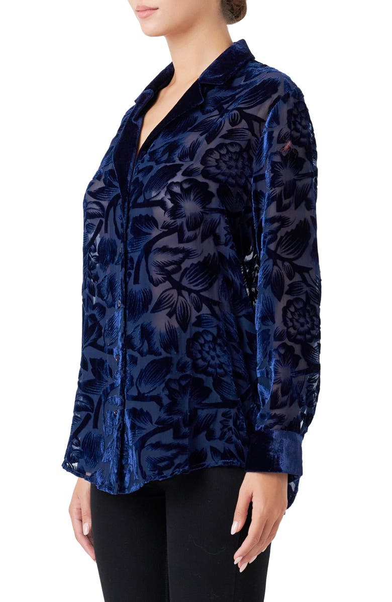 Endless Rose Floral Semisheer Velvet Burnout Long Sleeve Button-Up Shirt, Alternate, color,