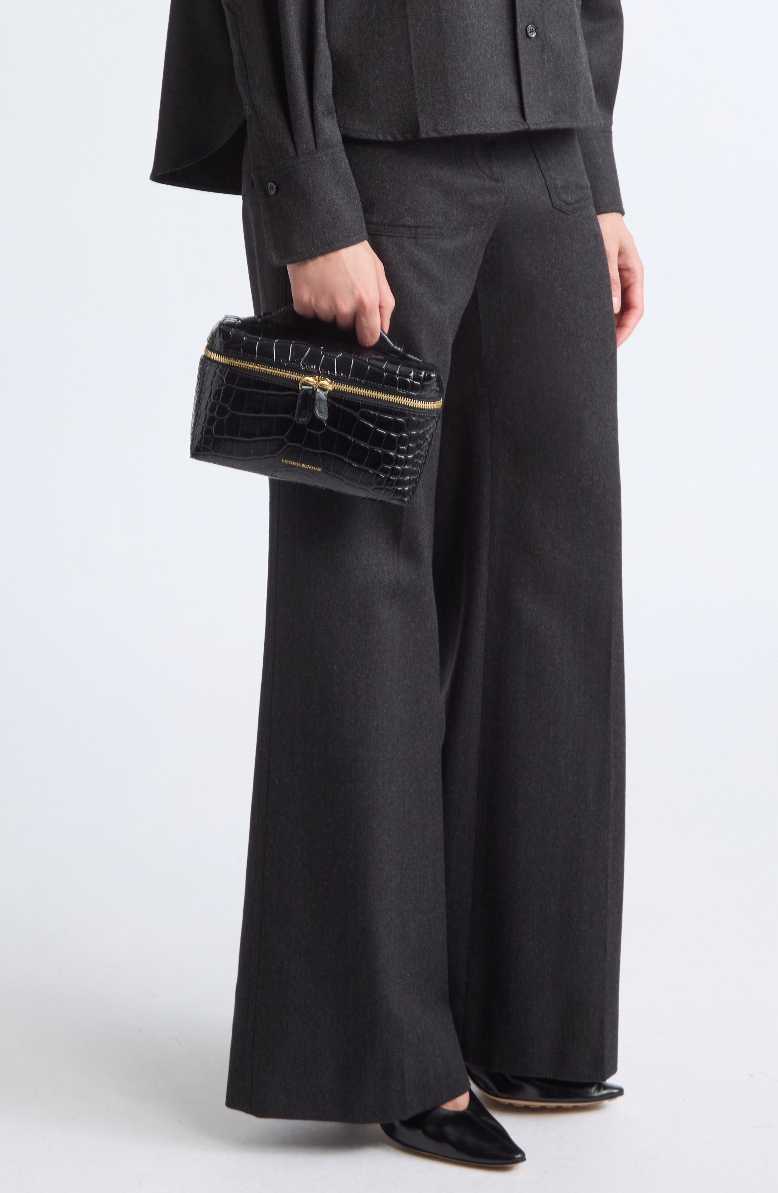 Dorian Croc Embossed Leather Vanity Case Bag, Alternate, color, BLACK