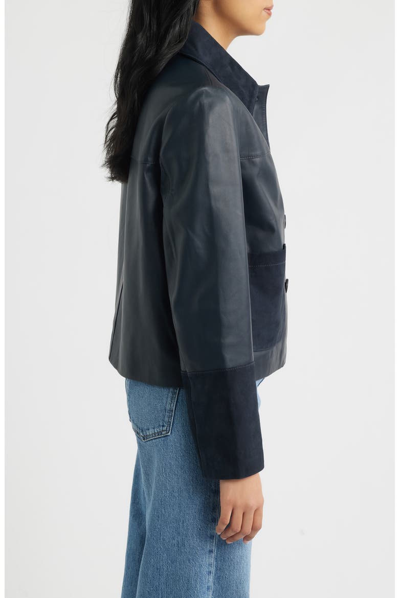 Short Mixed Media Leather Jacket, Alternate, color, NAVY