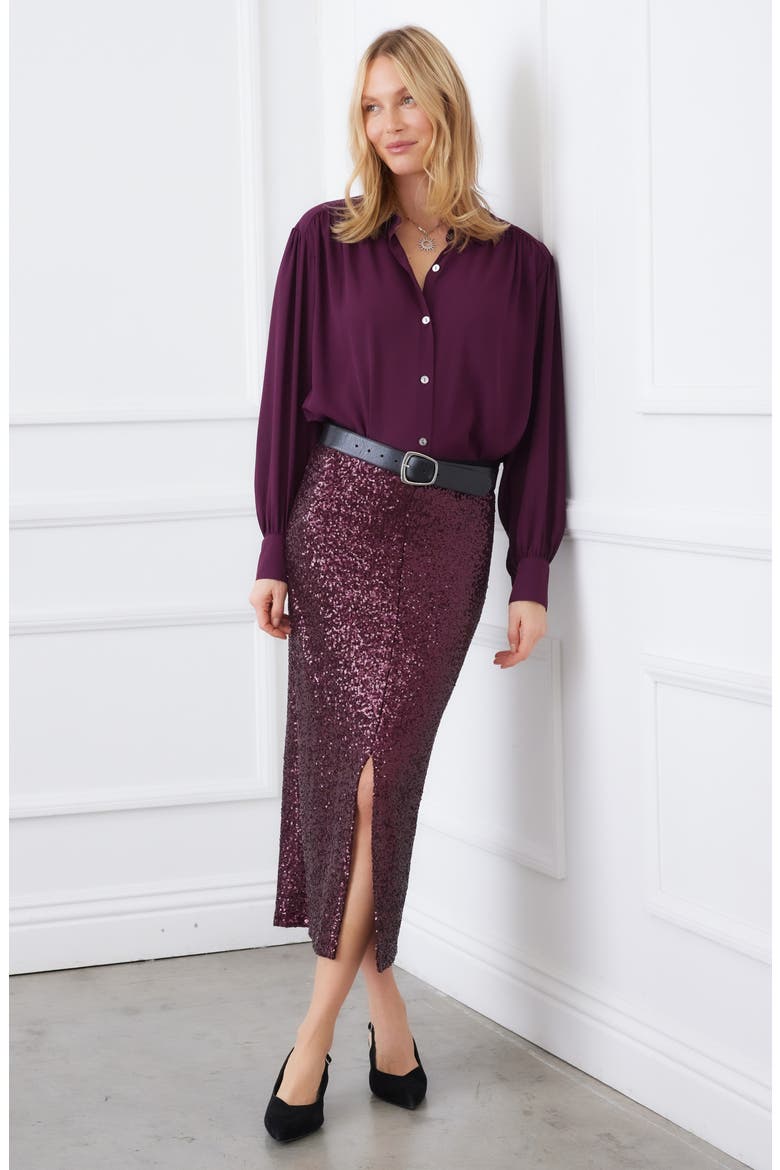 Drapey Crepe Button-Up Shirt, Alternate, color, EGGPLANT