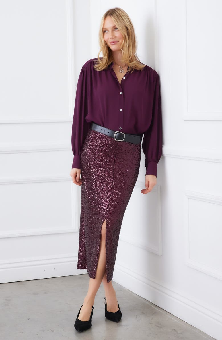 Karen Kane Drapey Crepe Button-Up Shirt, Alternate, color, Eggplant